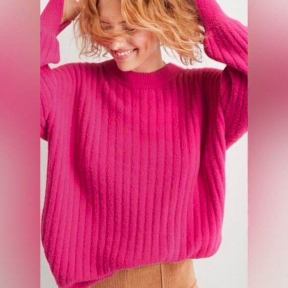 Aerie Hot Pink Buttercream Ribbed Long Sleeve Crewneck Sweater - Picture 1 of 12